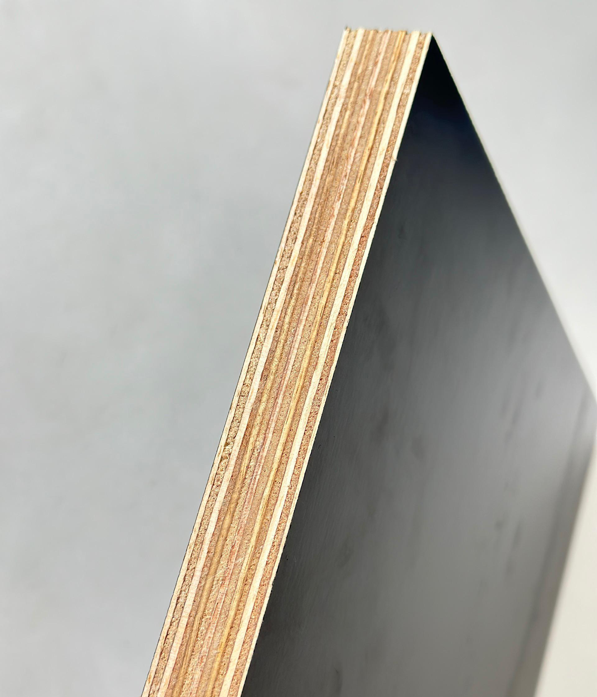 EZ Form Plus film faced plywood panels showing dark brown PSF phenolic surface and rubberwood core